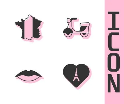 Set Eiffel tower with heart, Map of France, Smiling lips and Scooter icon. .. イラスト素材