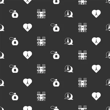 Set Eiffel tower, with heart, Perfume and Notre Dame de Paris on seamless Stock Illustration