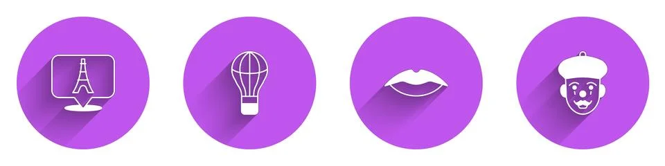Set Eiffel tower, Hot air balloon, Smiling lips and French mime icon with long Illustrazione stock