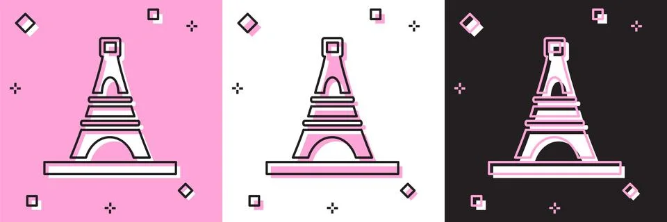 Set Eiffel tower icon isolated on pink and white, black background. France Paris イラスト素材