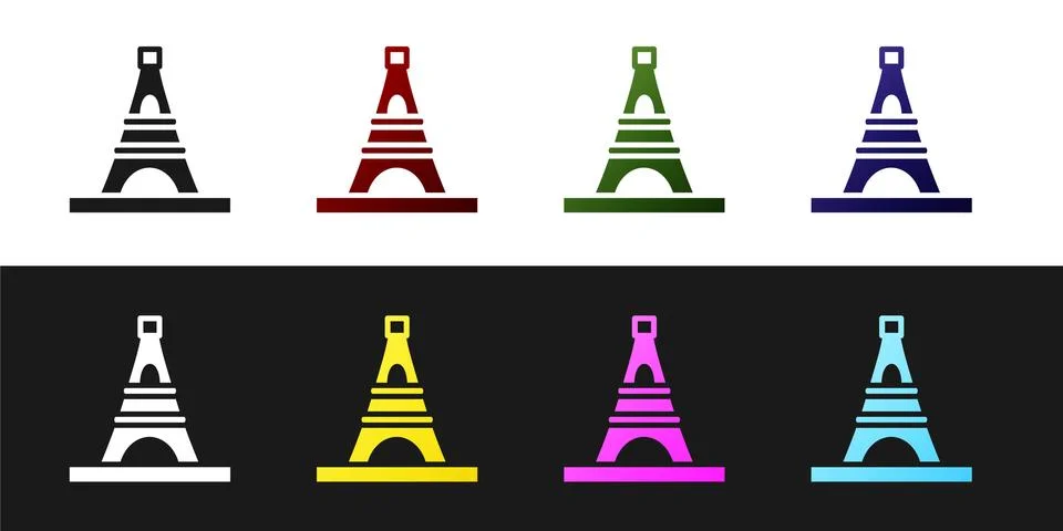 Set Eiffel tower icon isolated on black and white background. France Paris Stock Illustration