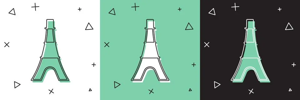 Set Eiffel tower icon isolated on white and green, black background. France Stock Illustration