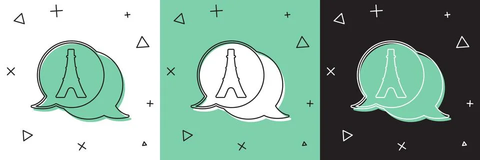 Set Eiffel tower icon isolated on white and green, black background. France Stock Illustration