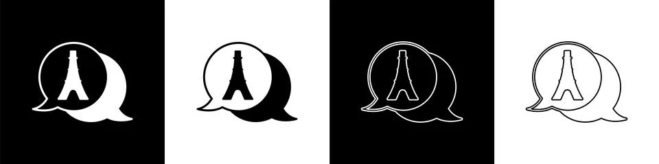 Set Eiffel tower icon isolated on black and white background. France Paris Stock Illustration