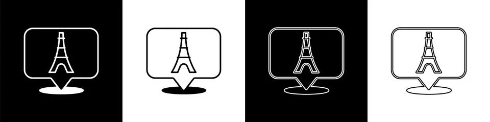 Set Eiffel tower icon isolated on black and white background. France Paris Stock Illustration