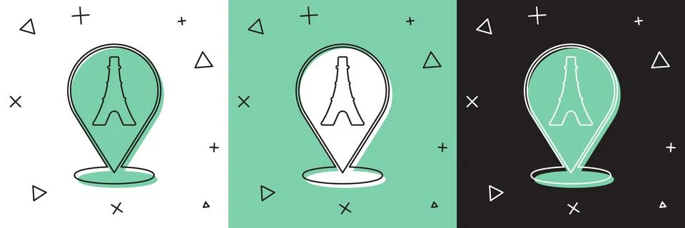 Set Eiffel tower icon isolated on white and green, black background. France Illustrazione stock