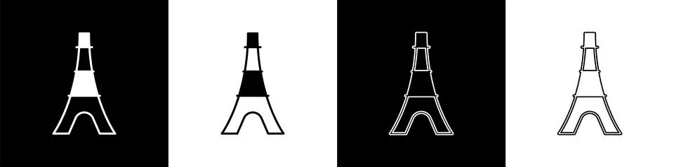 Set Eiffel tower icon isolated on black and white background. France Paris Stock Illustration