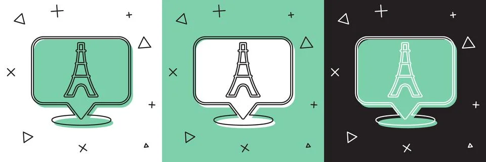Set Eiffel tower icon isolated on white and green, black background. France Illustrazione stock