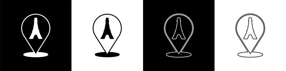 Set Eiffel tower icon isolated on black and white background. France Paris Stock Illustration