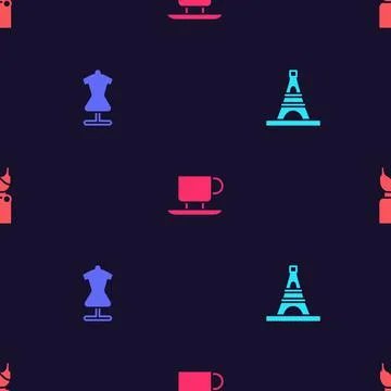 Set Eiffel tower, Mannequin, Coffee cup and Woman dress on seamless pattern Illustrazione stock