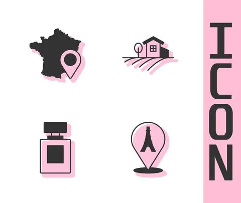 Set Eiffel tower, Map of France, Perfume and Village landscape icon. Vector Stock Illustration