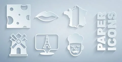 Set Eiffel tower, Map of France, Windmill, Cook, Smiling lips and Cheese icon Illustrazione stock