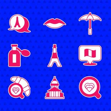 Set Eiffel tower, Museum building, Coffee cup, Flag France, with croissant Stockillustratie
