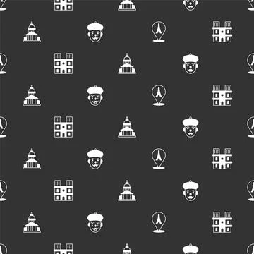 Set Eiffel tower, Notre Dame de Paris, Museum building and French mime on Stock Illustration