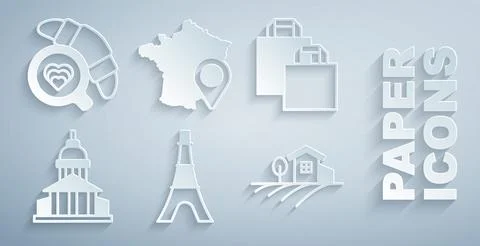 Set Eiffel tower, Paper shopping bag, Museum building, Village landscape, Map of Stock Illustration