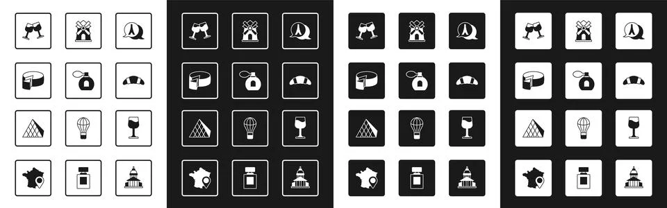 Set Eiffel tower, Perfume, Cheese, Wine glass, Croissant, Windmill, and Louvre Ilustración de archivo