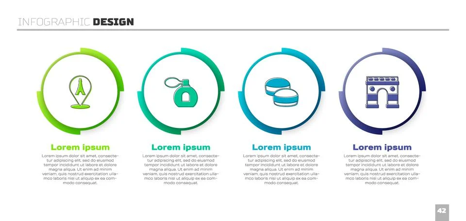 Set Eiffel tower, Perfume, Macaron cookie and Triumphal Arch. Business Stock Illustration