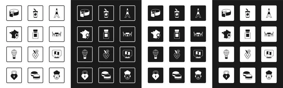 Set Eiffel tower, Perfume, Map of France, Cheese, French cafe, Coffee cup go Stockillustratie