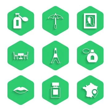 Set Eiffel tower, Perfume, Map of France, Smiling lips, French cafe, Portra.. Stock Illustration