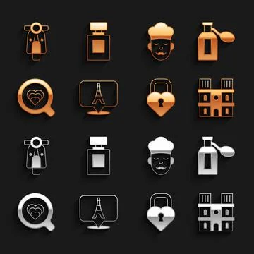 Set Eiffel tower, Perfume, Notre Dame de Paris, Castle in the shape of heart Illustrazione stock