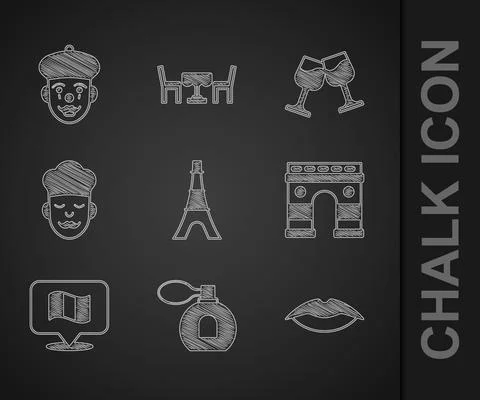 Set Eiffel tower, Perfume, Smiling lips, Triumphal Arch, Flag France, Cook, W Stock-Illustration