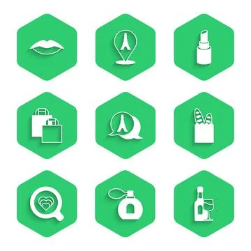 Set Eiffel tower, Perfume, Wine bottle with glass, French baguette bread, Coffee Illustrazione stock