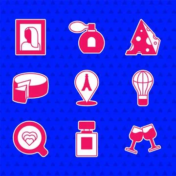 Set Eiffel tower, Perfume, Wine glass, Hot air balloon, Coffee cup, Cheese, and Stock-Illustration