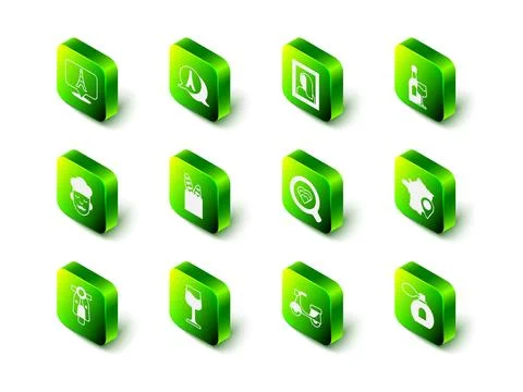 Set Eiffel tower, Portrait picture in museum, Wine bottle with glass, Map of Stock Illustration