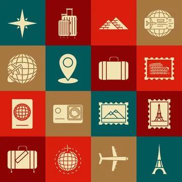 Set Eiffel tower, Postal stamp and, Coliseum, Egypt pyramids, Map pin, Glob.. Illustrazione stock