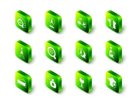 Set Eiffel tower, Scooter, Map of France, Wine bottle with glass, and Perfume Stock-Illustration