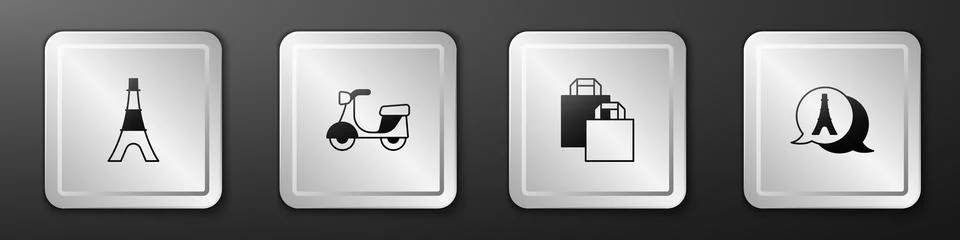 Set Eiffel tower, Scooter, Paper shopping bag and icon. Silver square button Illustrazione stock
