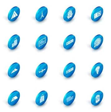 Set Eiffel tower, Ship, Action extreme camera, Suitcase for travel, Mountains Stock Illustration