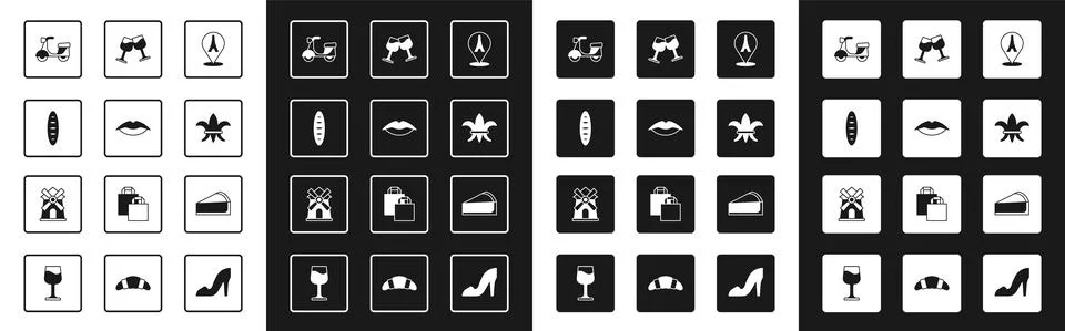 Set Eiffel tower, Smiling lips, French baguette bread, Scooter, Fleur De Lys Illustrazione stock