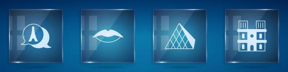 Set Eiffel tower, Smiling lips, Louvre glass pyramid and Notre Dame de Paris Stock Illustration