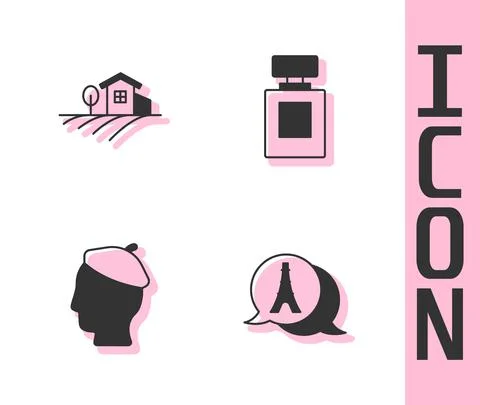 Set Eiffel tower, Village landscape, French man and Perfume icon. Vector Stock Illustration