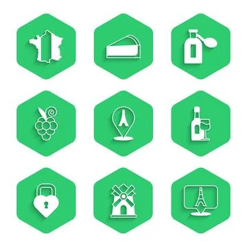 Set Eiffel tower, Windmill, Wine bottle with glass, Castle the shape of heart Ilustración de archivo