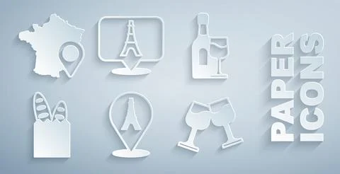 Set Eiffel tower, Wine bottle with glass, French baguette bread, and Map of Stock Illustration