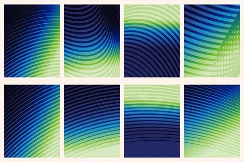 Set of eight abstract backgrounds with flowing blue and green gradient lines Stock Illustration