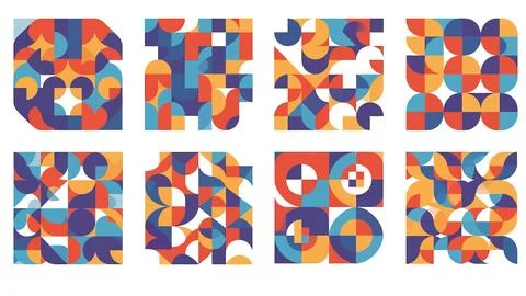 Set of eight abstract geometric pattern backgrounds with colorful shapes an.. Illustrazione stock