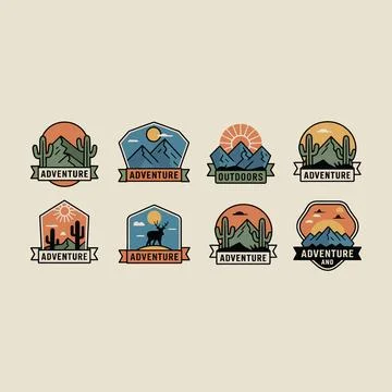 Set of eight adventure badges featuring mountains, cacti, sun, deer, and ou.. Illustrazione stock
