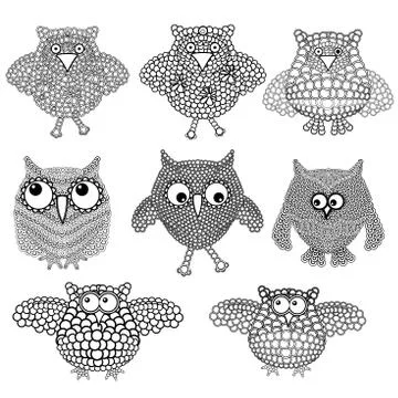 Set of eight amusing owls Stock Illustration