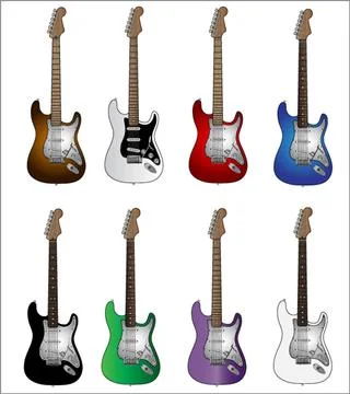 Set Of Eight Basic Colours Electric Guitars Stock Illustration