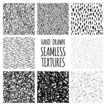 Set of eight black and white seamless hand drawn textures 库存插图