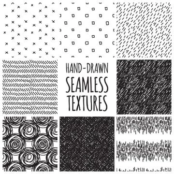 Set of eight black and white seamless hand drawn textures 库存插图