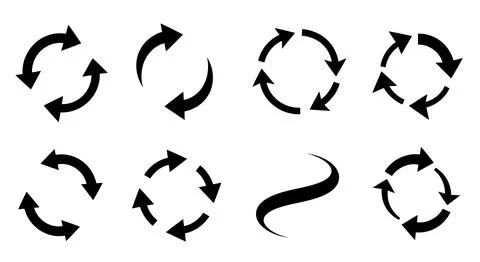 A set of eight black arrows arranged in a circular pattern with varying ori.. Stockillustratie