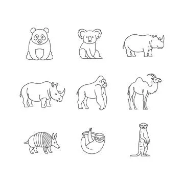 A set of eight black line drawings of various wild animals Stock Illustration