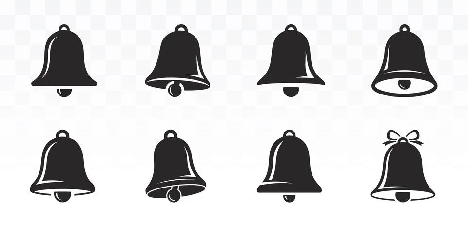 Set of eight black notification bell icons in various styles Stock Illustration