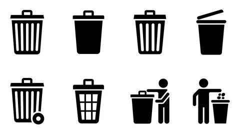 Set of eight black trash can and recycling bin on white background waste Stock Illustration