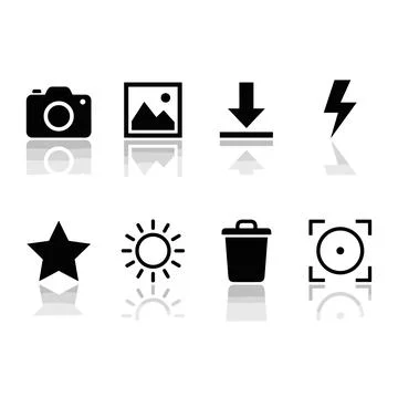 Set of eight black vector icons including camera, picture frame, download a.. Иллюстрация