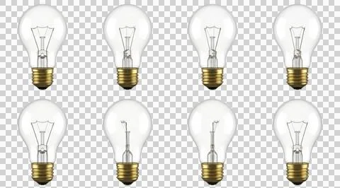 Set of eight clear incandescent light bulbs isolated on transparent backgro.. Stock Illustration